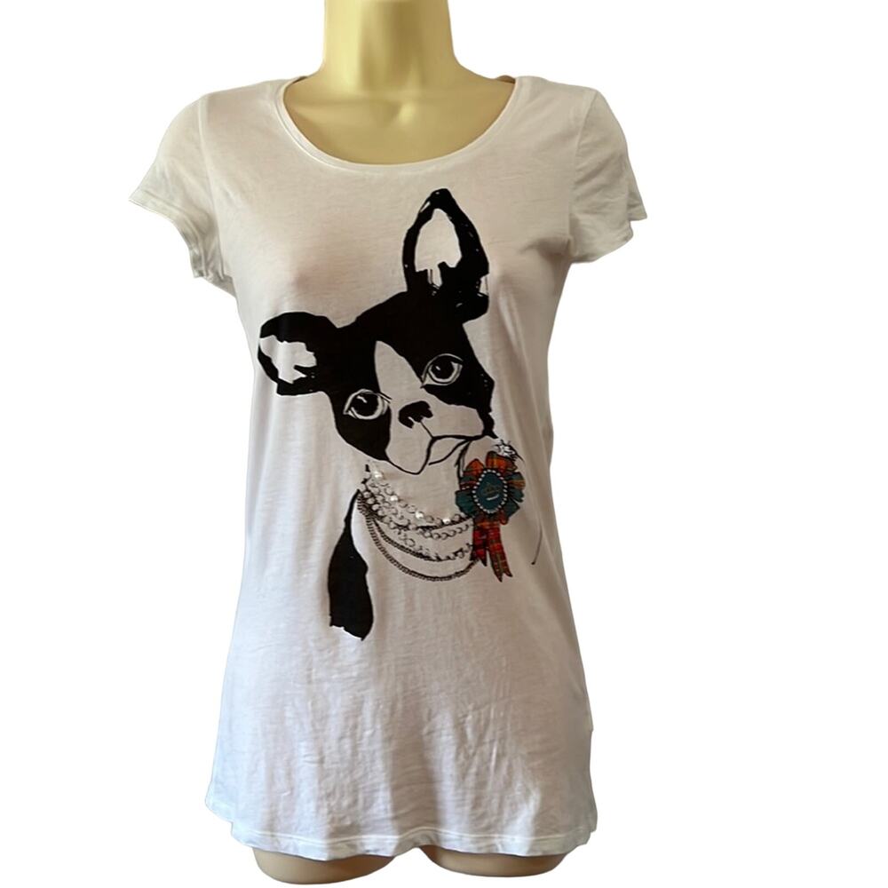H&M Divided White Embellished Dog Tee Shirt Woman Size 4 Slim Fit Frenchie